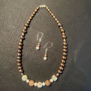 Freshwater Brown Pearls With Botswana Agate Necklace and Earrings Set